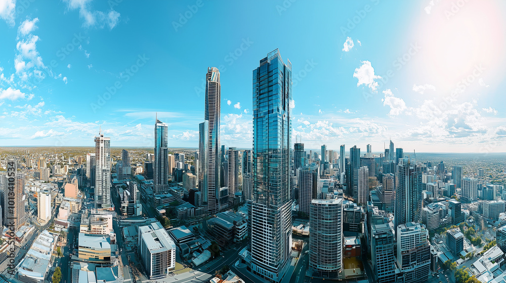 Fototapeta premium City Skyline and Skyscrapers Under Blue Sky and White Clouds Aerial View