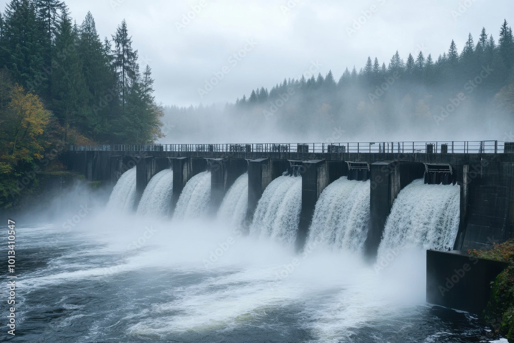 Large Hydroelectric Dam With Flowing Water Surrounded By Forest And Misty Atmosphere Large Hydroelectric Dam With Flowing Water Surrounded By Forest And Misty Atmosphere