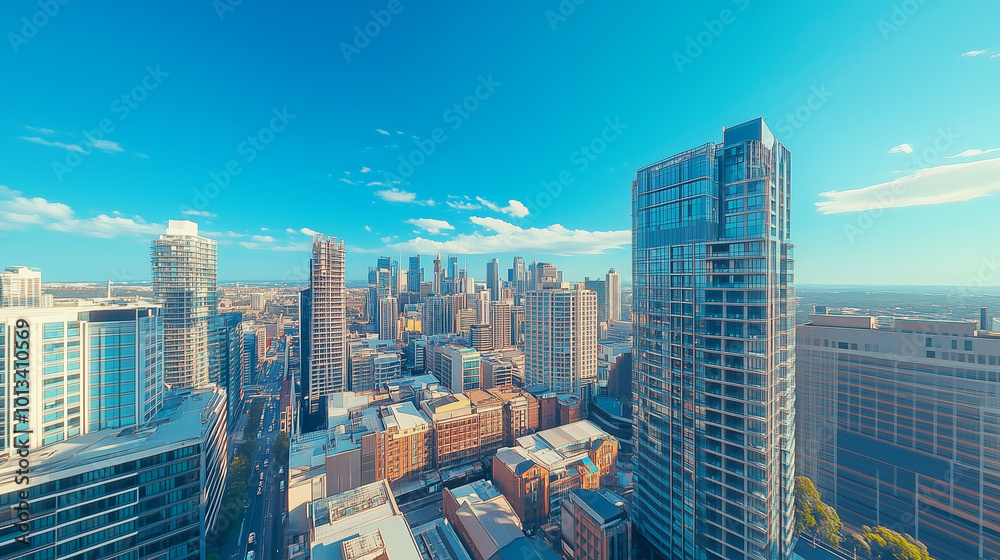 Fototapeta premium City Skyline and Skyscrapers Under Blue Sky and White Clouds Aerial View