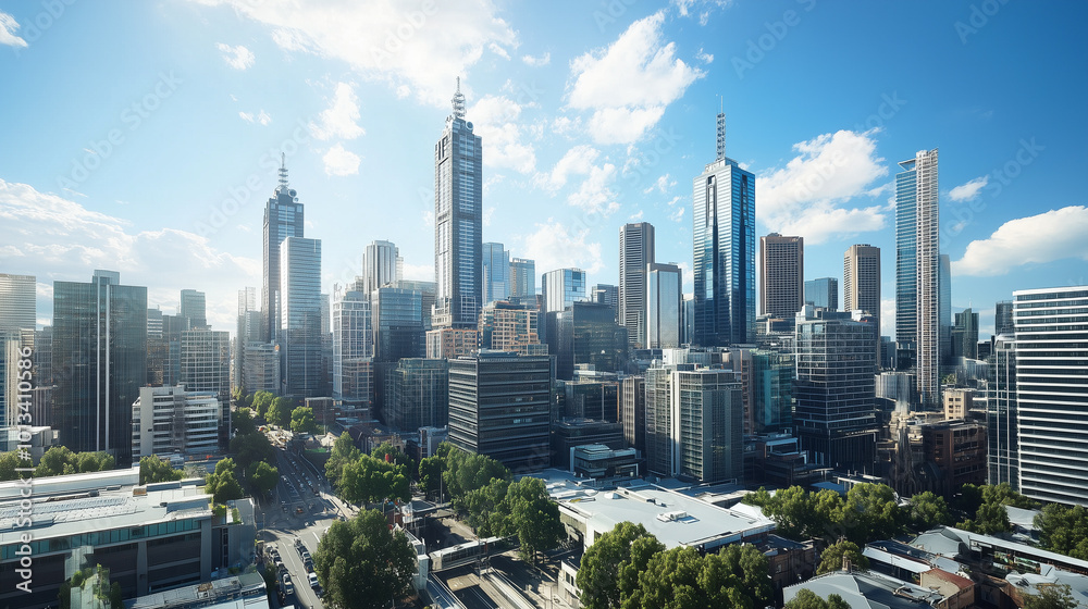 Obraz premium City Skyline and Skyscrapers Under Blue Sky and White Clouds Aerial View