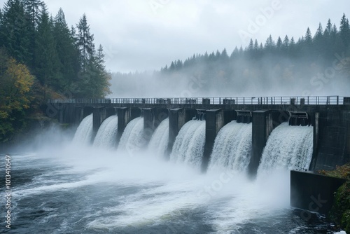 Large Hydroelectric Dam With Flowing Water Surrounded By Forest And Misty Atmosphere