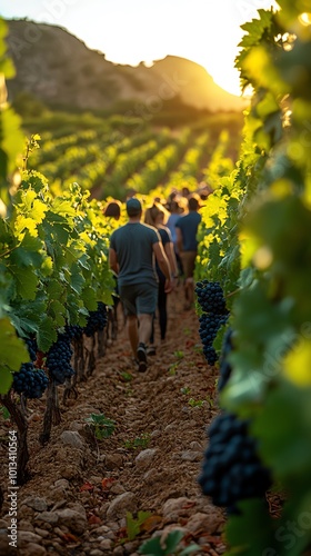 A group of friends enjoying a guided vineyard tour, sampling wine and walking among the lush grapevines