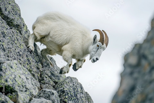 A mountain goat climbing a steep, rocky slope, surefooted and steady. photo