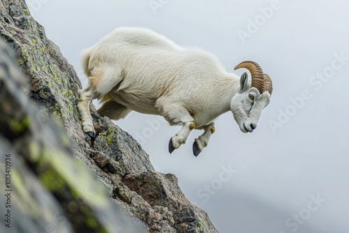 A mountain goat climbing a steep, rocky slope, surefooted and steady. photo