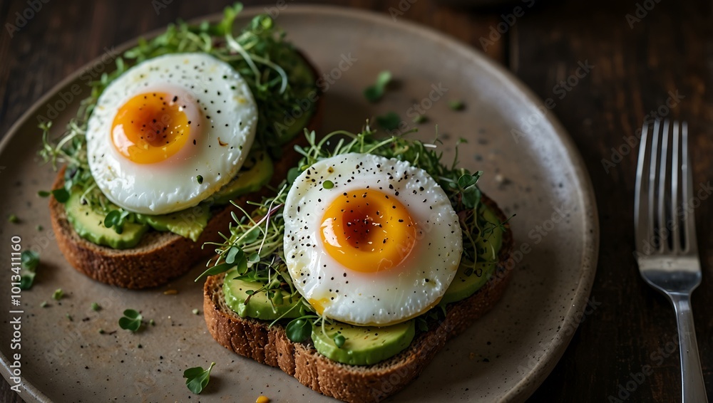 Hearty avocado toast topped with a poached egg and microgreens. Hearty avocado toast topped with a poached egg and microgreens.