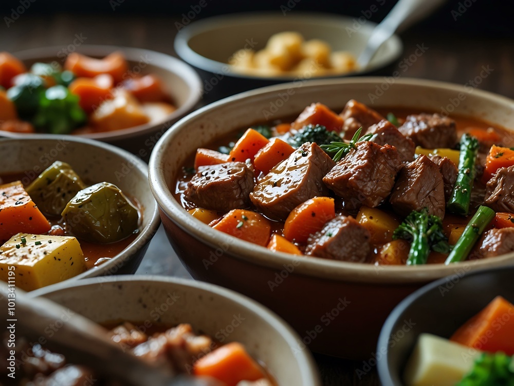 Hearty dinner stews showcasing flavorful meats and vegetables with a soft focus. Hearty dinner stews showcasing flavorful meats and vegetables with a soft focus.