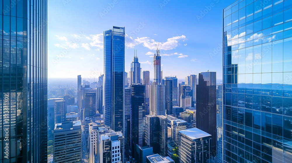 City Skyline and Skyscrapers Under Blue Sky and White Clouds Aerial View City Skyline and Skyscrapers Under Blue Sky and White Clouds Aerial View