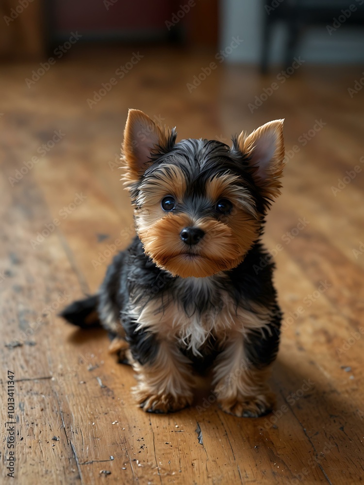 High-angle view of a growing Yorkshire terrier puppy. High-angle view of a growing Yorkshire terrier puppy.