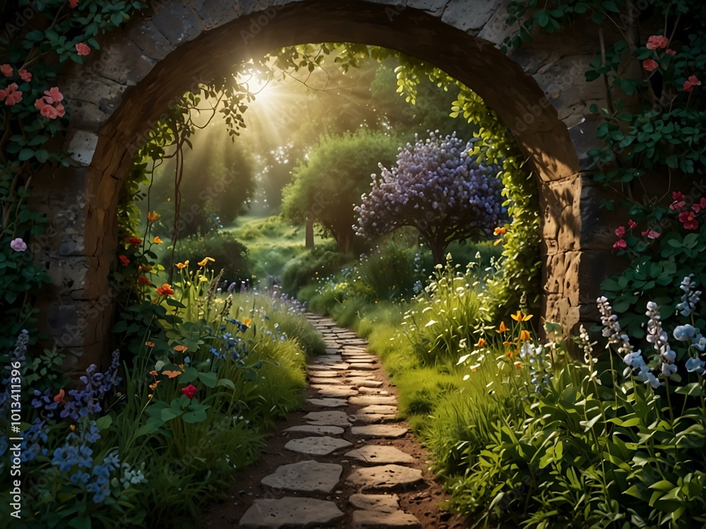 Enchanted pathway through a lush flowered archway. Enchanted pathway through a lush flowered archway.