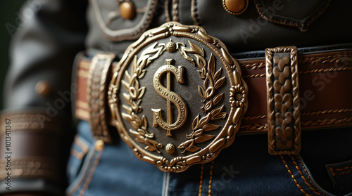 Close-up of Oversized Ornate Belt Buckle with Dollar Sign – Luxury Western Fashion Accessory for Wealth & Style photo