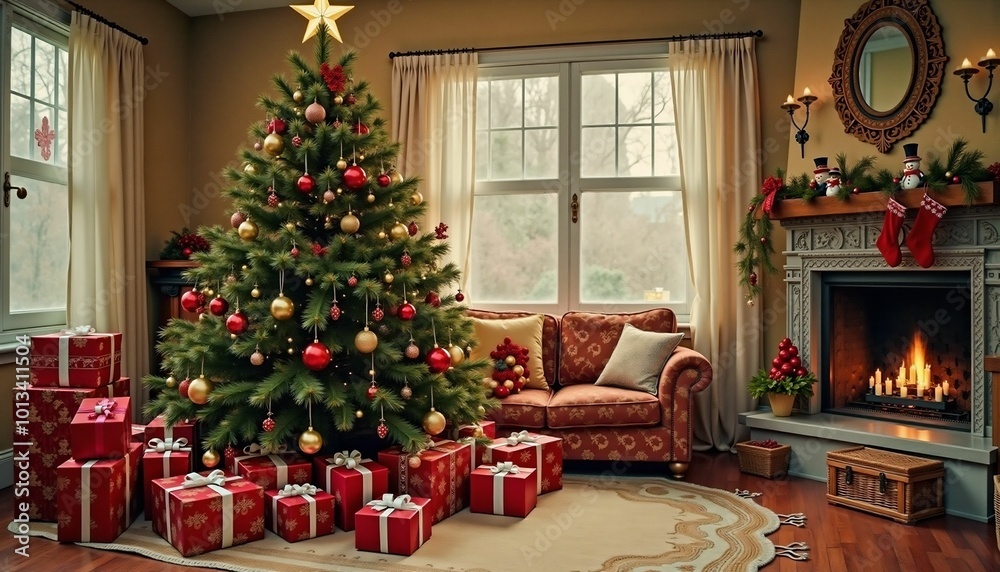 Obraz premium christmas, tree, decoration, holiday, xmas, room, christmas tree, gift, 