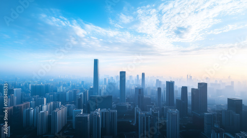 City Skyline and Skyscrapers Under Blue Sky and White Clouds Aerial View