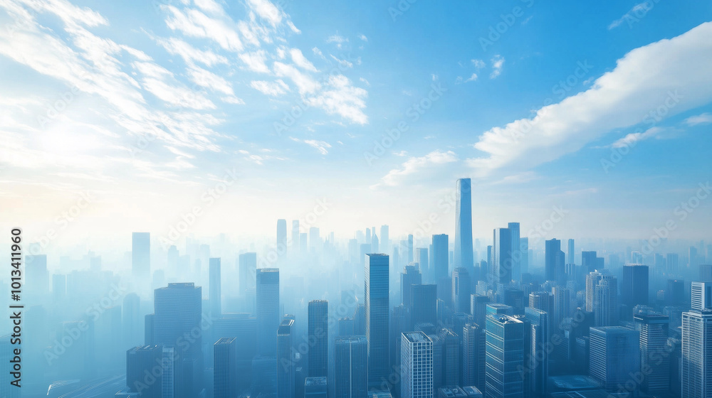 Fototapeta premium City Skyline and Skyscrapers Under Blue Sky and White Clouds Aerial View
