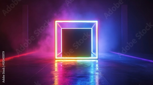 A modern studio with colored LED strip lights outlining a sleek cube-shaped structure in the center. The backlight casts a subtle glow behind the cube