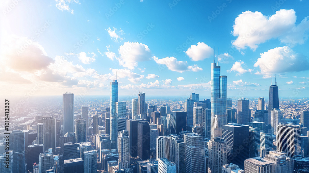 Fototapeta premium City Skyline and Skyscrapers Under Blue Sky and White Clouds Aerial View
