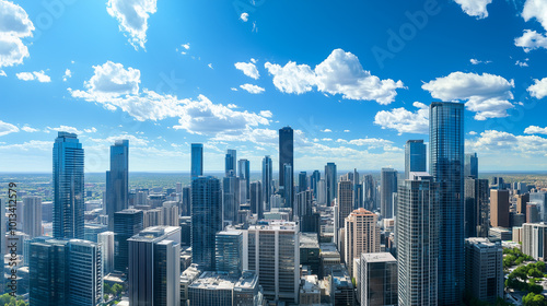 City Skyline and Skyscrapers Under Blue Sky and White Clouds Aerial View