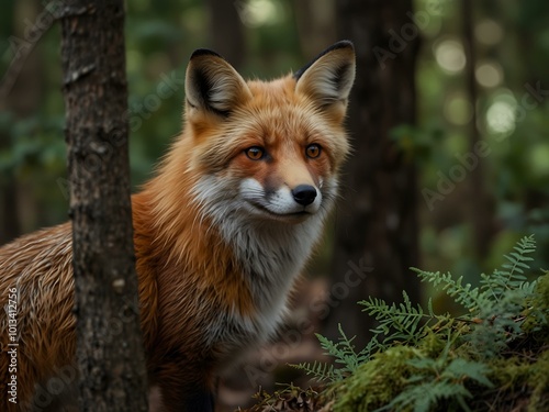 High-angle view of a red fox in the woods, showcasing its red fur.