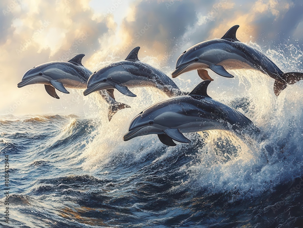 Obraz premium four dolphins leaping gracefully from a cresting wave in the ocean capturing the essence of freedom and joy of marine life against a sparkling blue sea