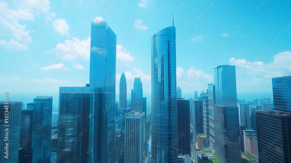 Fototapeta premium City Skyline and Skyscrapers Under Blue Sky and White Clouds Aerial View