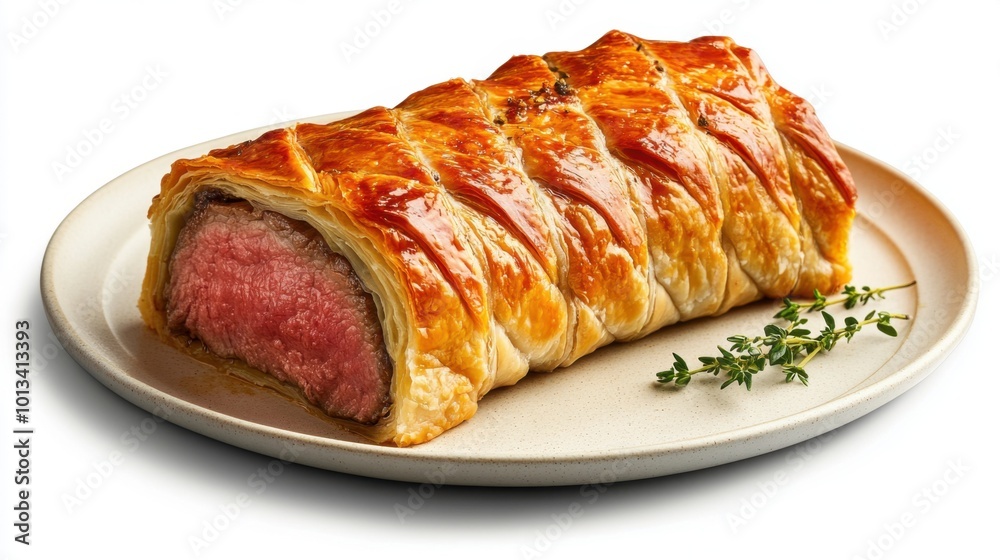 Beef Wellington on a plate, on white plain isolated Beef Wellington on a plate, on white plain isolated