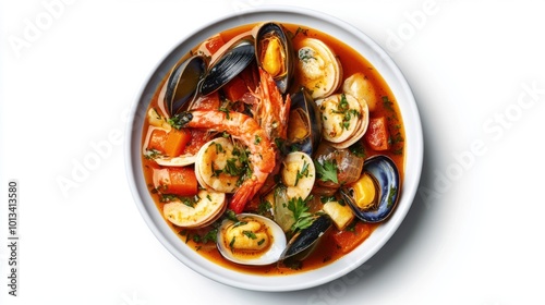 Bouillabaisse on a plate, on white plain isolated, top view