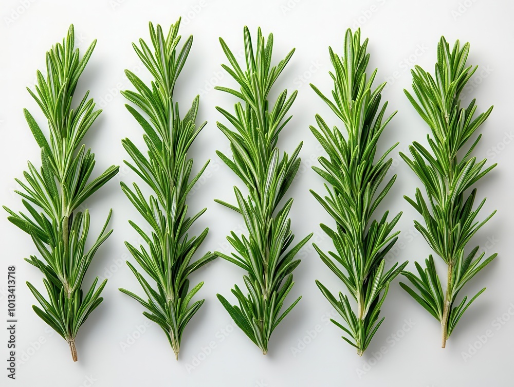 fresh rosemary sprigs arranged artfully on a white background showcasing the aromatic herbs vibrant green hues and textures perfect for culinary and botanical themes fresh rosemary sprigs arranged artfully on a white background showcasing the aromatic herbs vibrant green hues and textures perfect for culinary and botanical themes