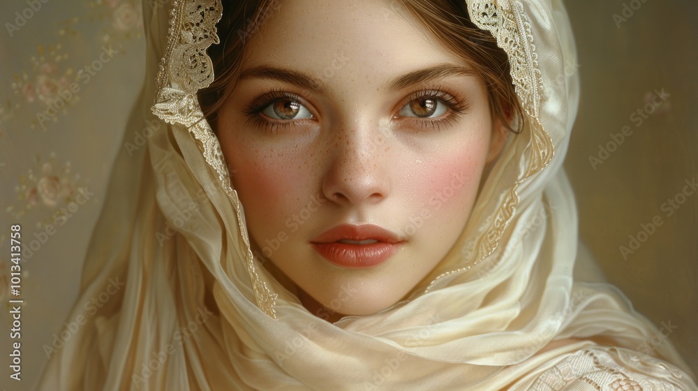 A young woman adorned in a delicate shawl gazes gently, capturing the essence of serene beauty in soft light. Generative AI A young woman adorned in a delicate shawl gazes gently, capturing the essence of serene beauty in soft light. Generative AI
