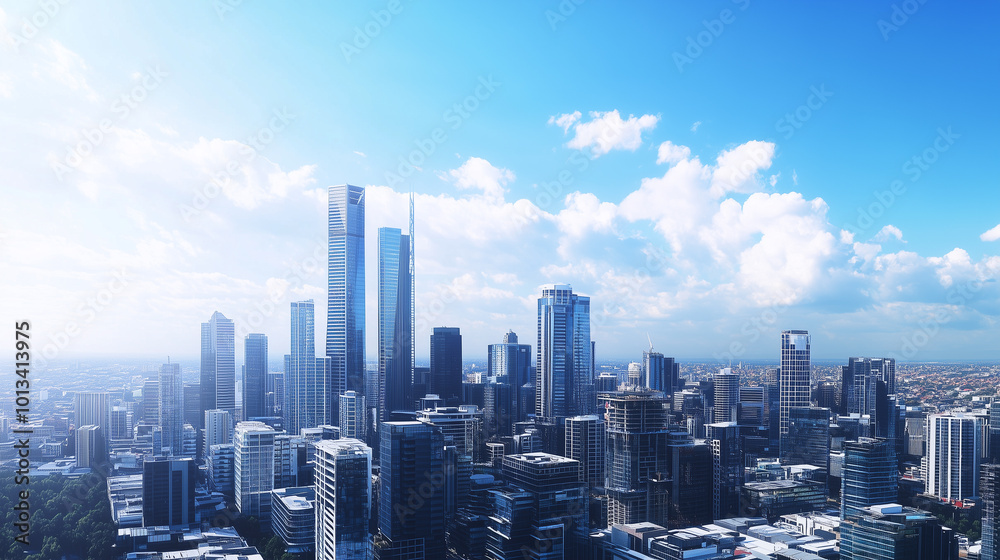 City Skyline and Skyscrapers Under Blue Sky and White Clouds Aerial View City Skyline and Skyscrapers Under Blue Sky and White Clouds Aerial View