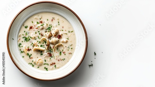 Clam Chowder on a plate, on white plain isolated, top viewc photo