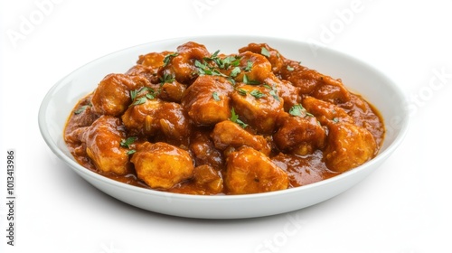 Curry on a plate, on white plain isolated, top view