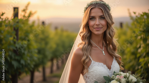 Romantic Vineyard Wedding Photography in Tuscany at Sunset – Bride and Groom Portrait for Destination Wedding