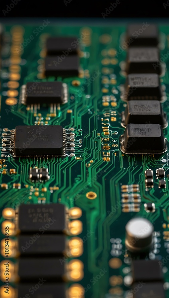 Illuminated printed circuit board showing electronic component production. Illuminated printed circuit board showing electronic component production.