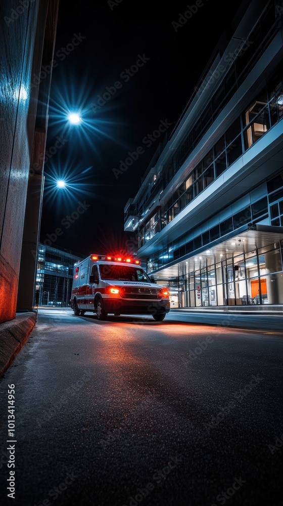 Obraz premium Ambulance responding to emergency call at night in downtown city