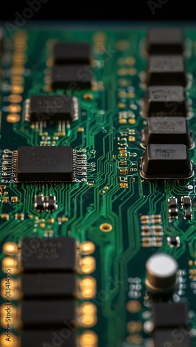 Illuminated printed circuit board showing electronic component production.