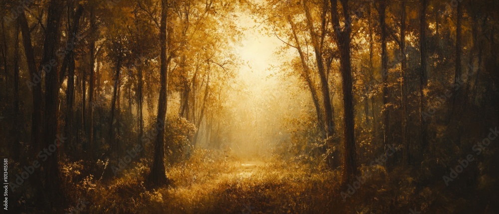 Morning Sunlight Through Lush Forest Trees Morning Sunlight Through Lush Forest Trees