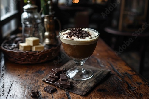 Irish coffee with grated dark chocolate on a wooden table.  photo