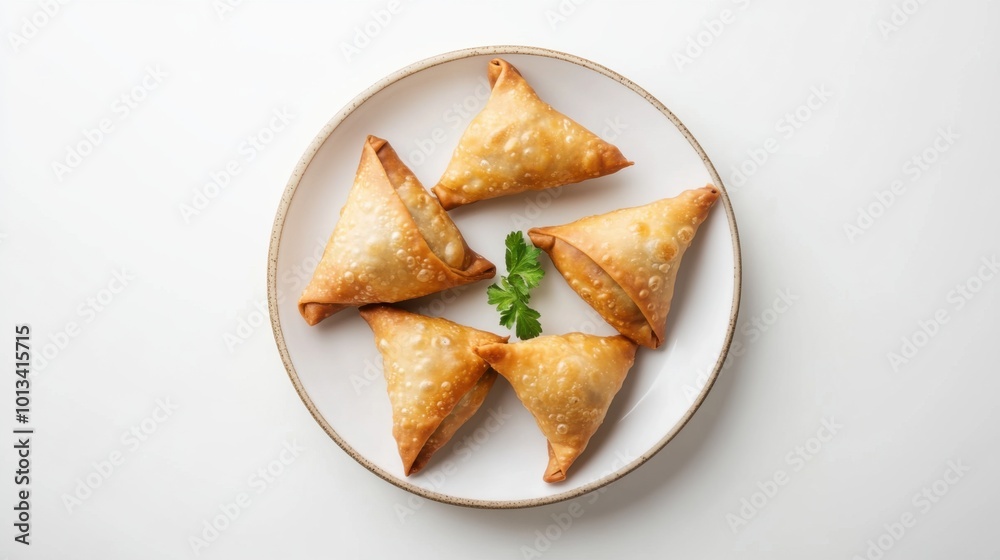 Samosa on a plate, on white plain isolated, top view Samosa on a plate, on white plain isolated, top view