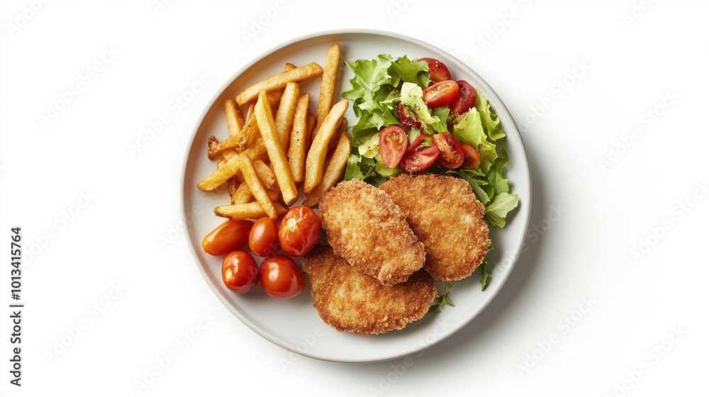 Schnitzel with french frites and salade and tomates on a plate, on white plain isolated, top view Schnitzel with french frites and salade and tomates on a plate, on white plain isolated, top view