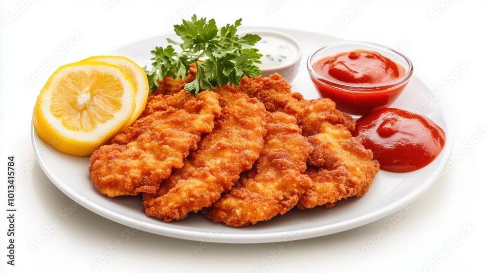 Schnitzel on a plate, on white plain isolated, top view Schnitzel on a plate, on white plain isolated, top view