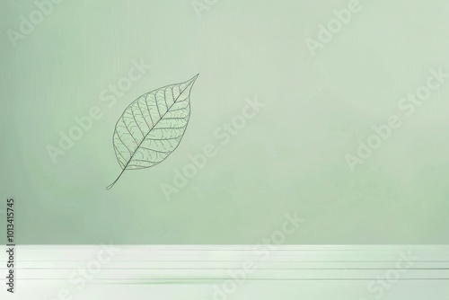 A minimalist outline of a leaf floating in the air, drawn with clean, fine lines on a light green wall.