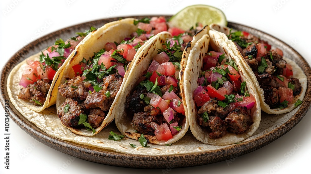 Tacos on a plate, on white plain isolated, top view Tacos on a plate, on white plain isolated, top view
