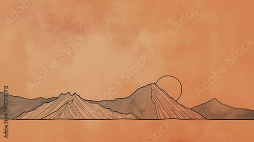 A minimalist mountain and sun scene drawn in clean lines on a muted orange wall, creating a calming, modern landscape.