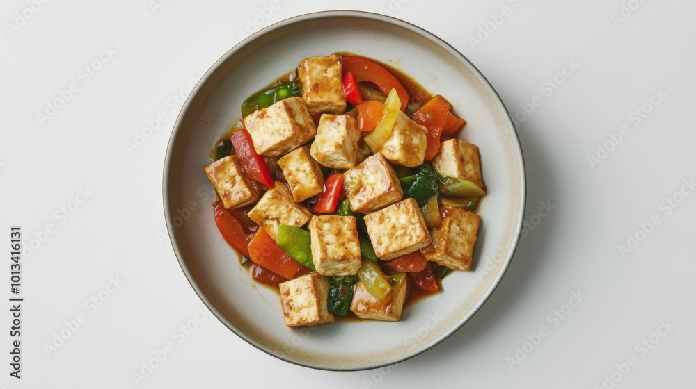 Tofu Stir Fry on a plate, on white plain isolated, top view Tofu Stir Fry on a plate, on white plain isolated, top view