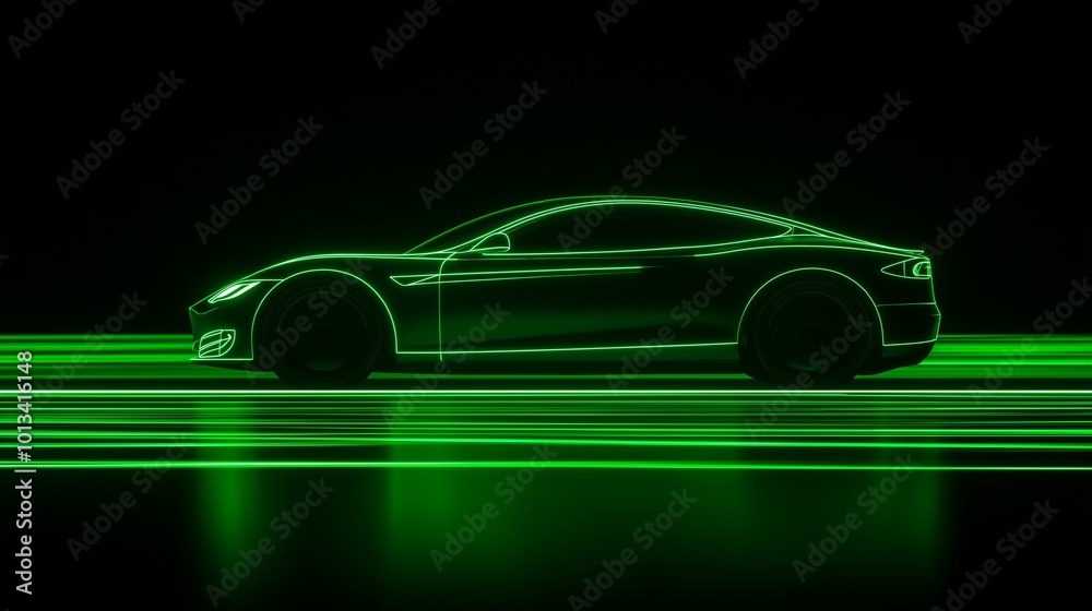 Green Neon Light Lines Illuminating Electric Car in Motion Against a Dark Background with Futuristic and Modern Design Green Neon Light Lines Illuminating Electric Car in Motion Against a Dark Background with Futuristic and Modern Design