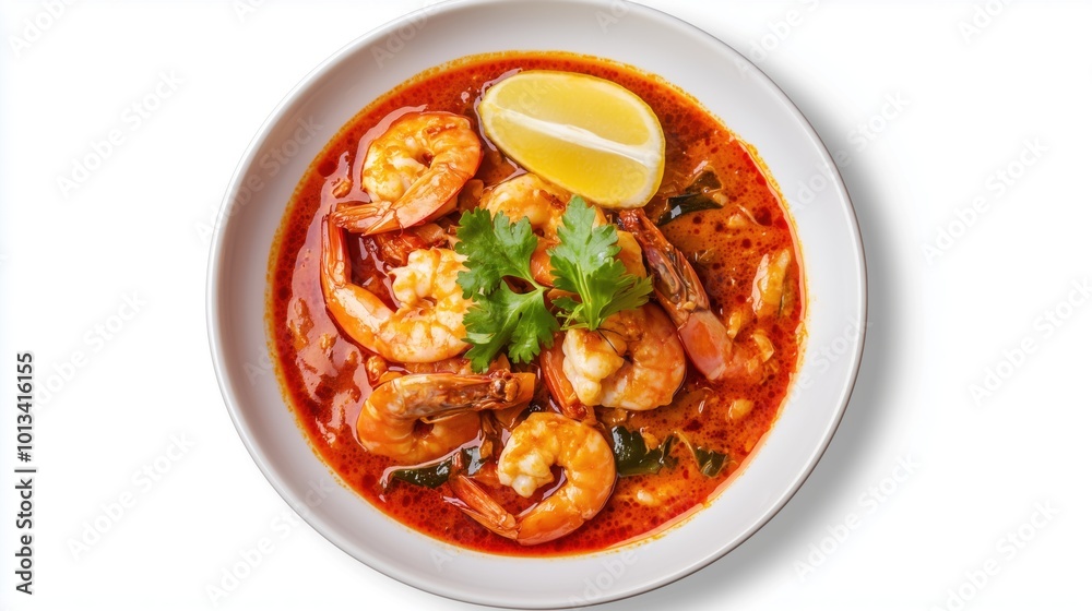 Tom Yum on a plate, on white plain isolated, top view Tom Yum on a plate, on white plain isolated, top view