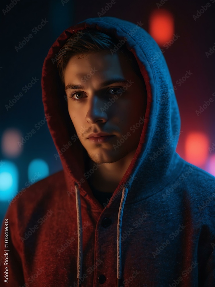 Intense young man in a hoodie, lit by blue and red lights; technology theme. Intense young man in a hoodie, lit by blue and red lights; technology theme.
