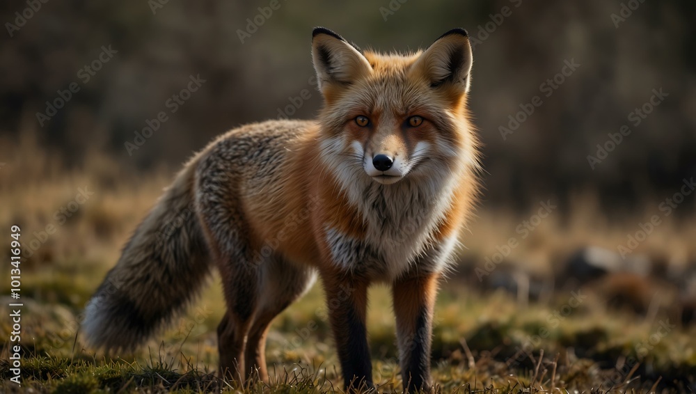 Isolated red fox with a blurred background highlighting its bushy tail and vibrant fur. Isolated red fox with a blurred background highlighting its bushy tail and vibrant fur.