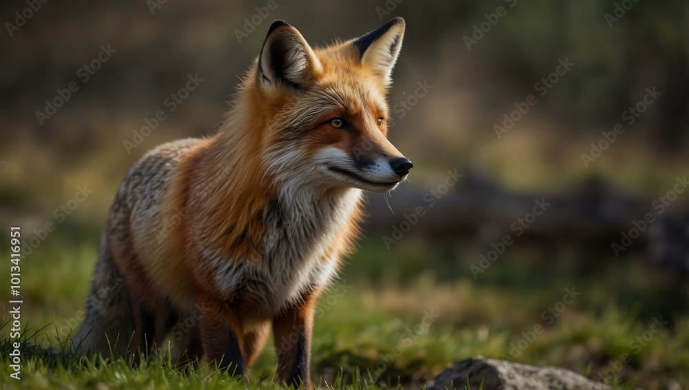 Isolated red fox with a blurred background highlighting its bushy tail and vibrant fur. Isolated red fox with a blurred background highlighting its bushy tail and vibrant fur.