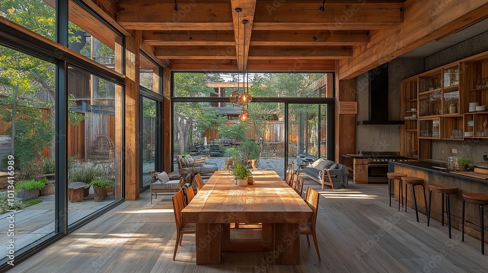 Large open room with a wooden table and chairs. table is surrounded by chairs and has potted plant on it. There is a kitchen area with a stove and oven. half image wood and the other half kitchen Large open room with a wooden table and chairs. table is surrounded by chairs and has potted plant on it. There is a kitchen area with a stove and oven. half image wood and the other half kitchen