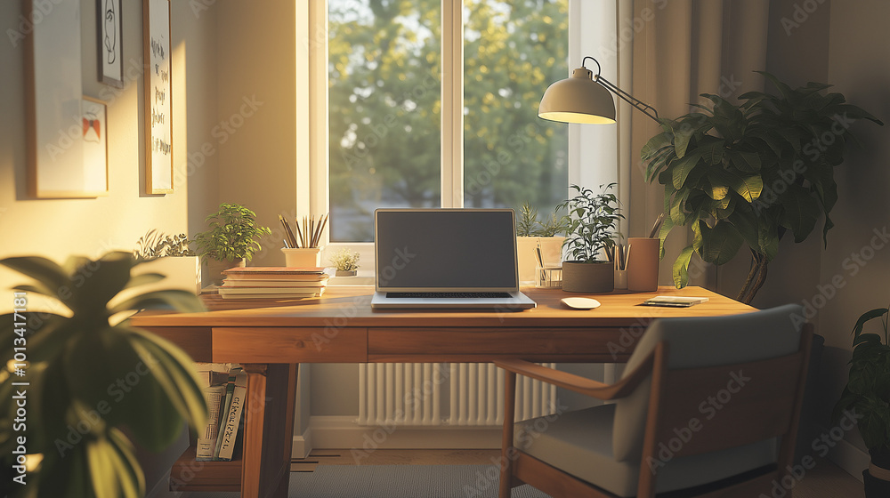 A cozy home office setup featuring a wooden desk, a laptop, houseplants, and minimalistic decor, bathed in soft natural light from a large window, creating a productive ambiance. A cozy home office setup featuring a wooden desk, a laptop, houseplants, and minimalistic decor, bathed in soft natural light from a large window, creating a productive ambiance.
